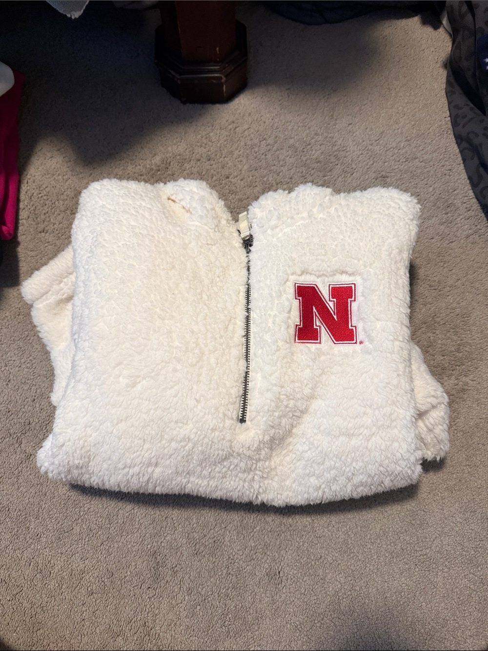 White Teddy Quarter-Zip Jacket with Red 'N' Patch